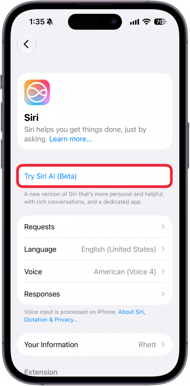 a screenshot of siri settings on iphone with a red box around the try siri ai button
