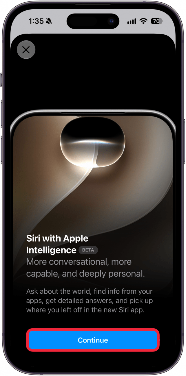 a screenshot of the siri ai setup on iphone with a red box around the continue button