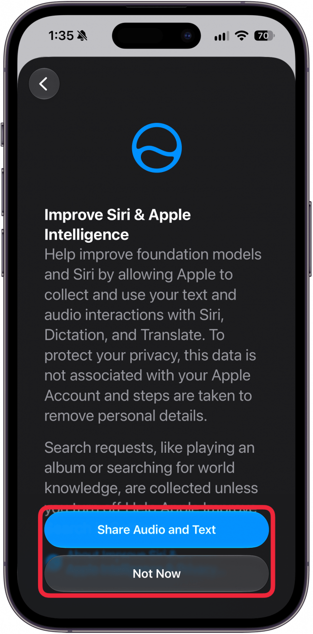 a screenshot of the siri ai setup on iphone with a red box around the not now button