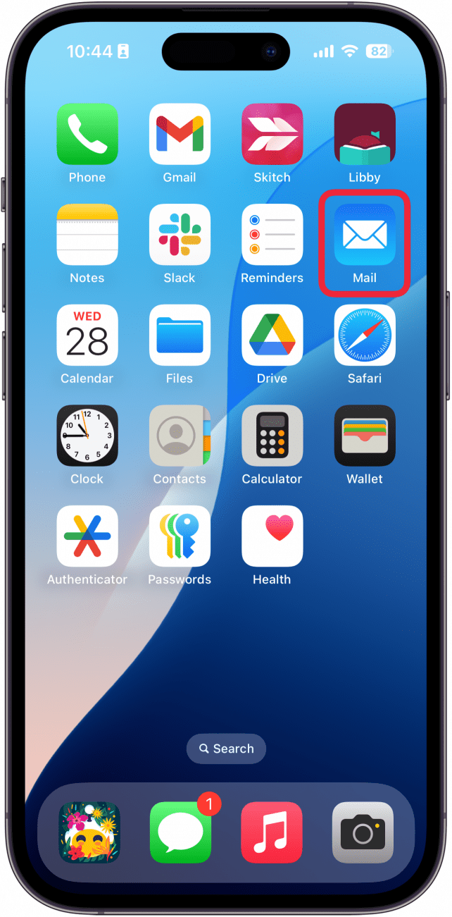 screenshot of iphone home screen with a red box around the mail app