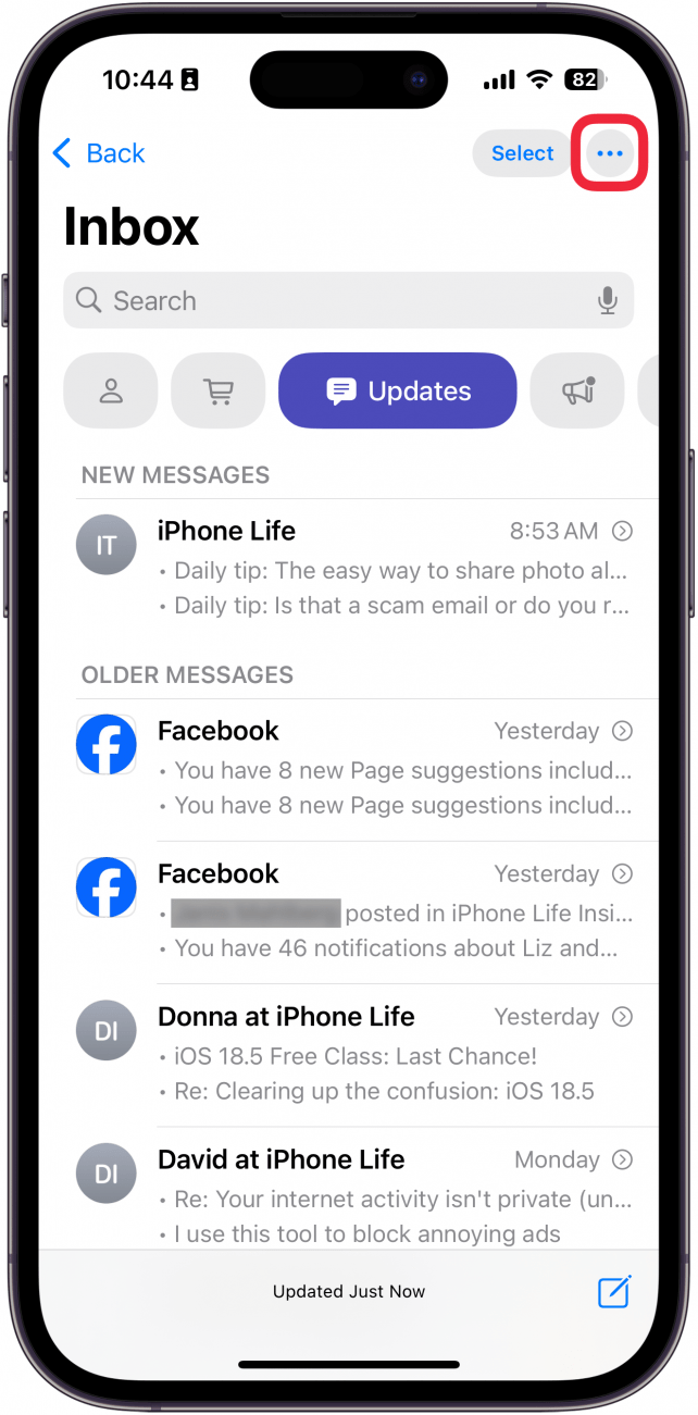 screenshot of iphone mail app with a red box around three dot more menu button