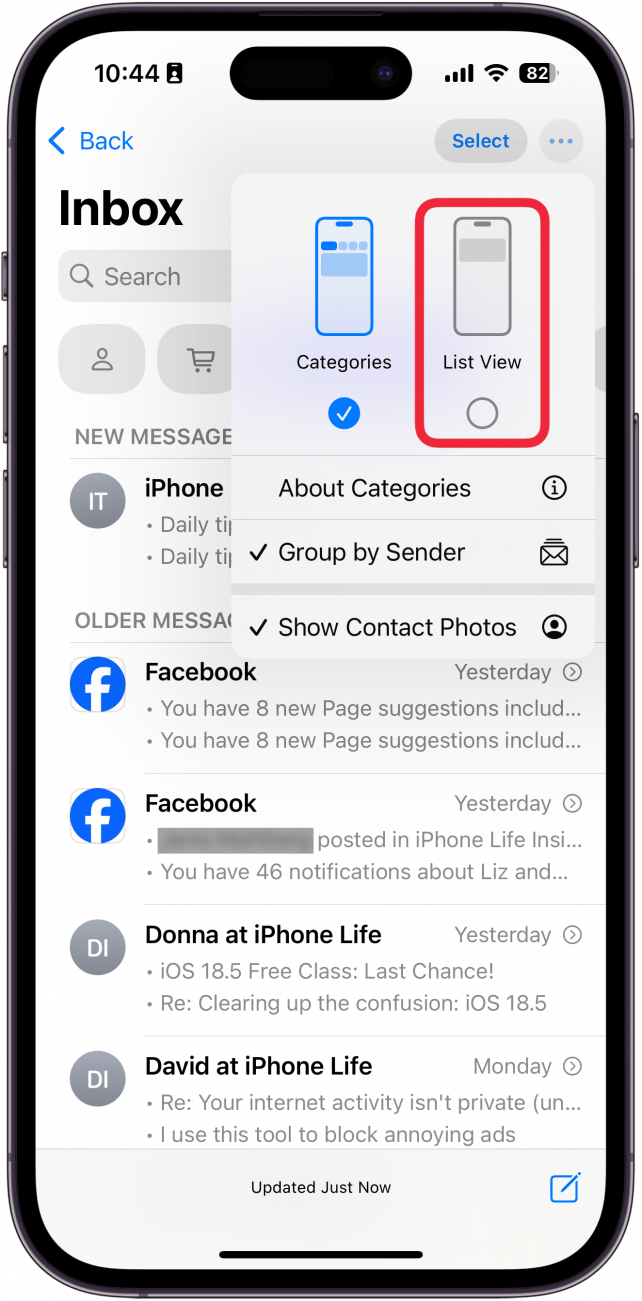 screenshot of iphone mail app displaying view options for the app with a red box around list view
