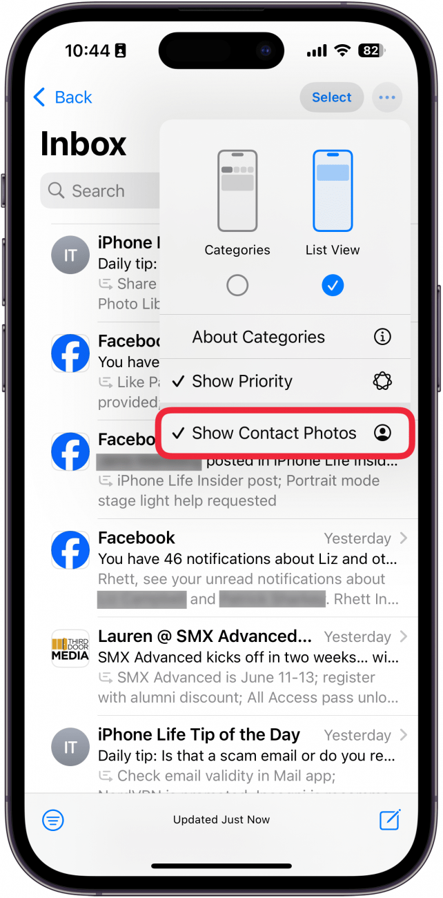 screenshot of iphone mail app displaying view options for the app with a red box around show contact photos