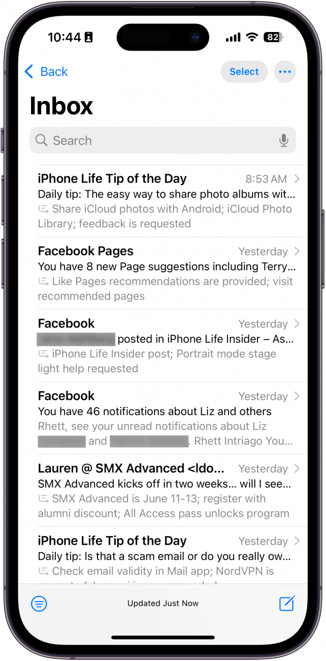 screenshot of iphone mail app displaying the list view with no contact photos