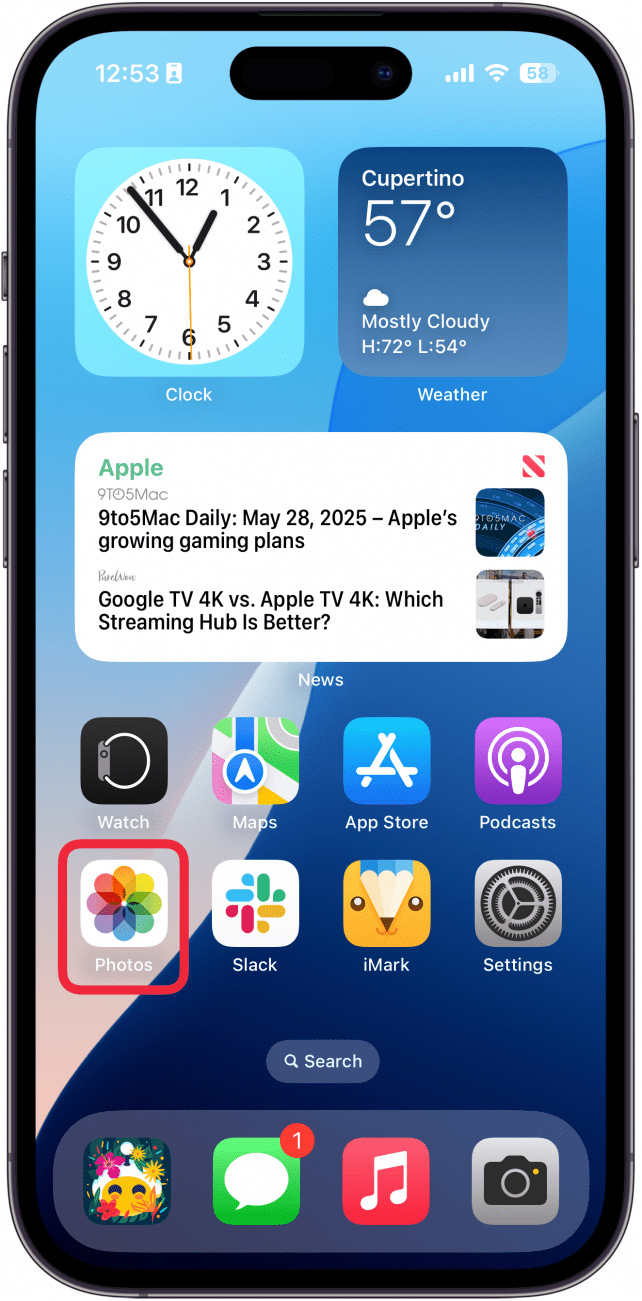 screenshot of iphone home screen with a red box around the photos app