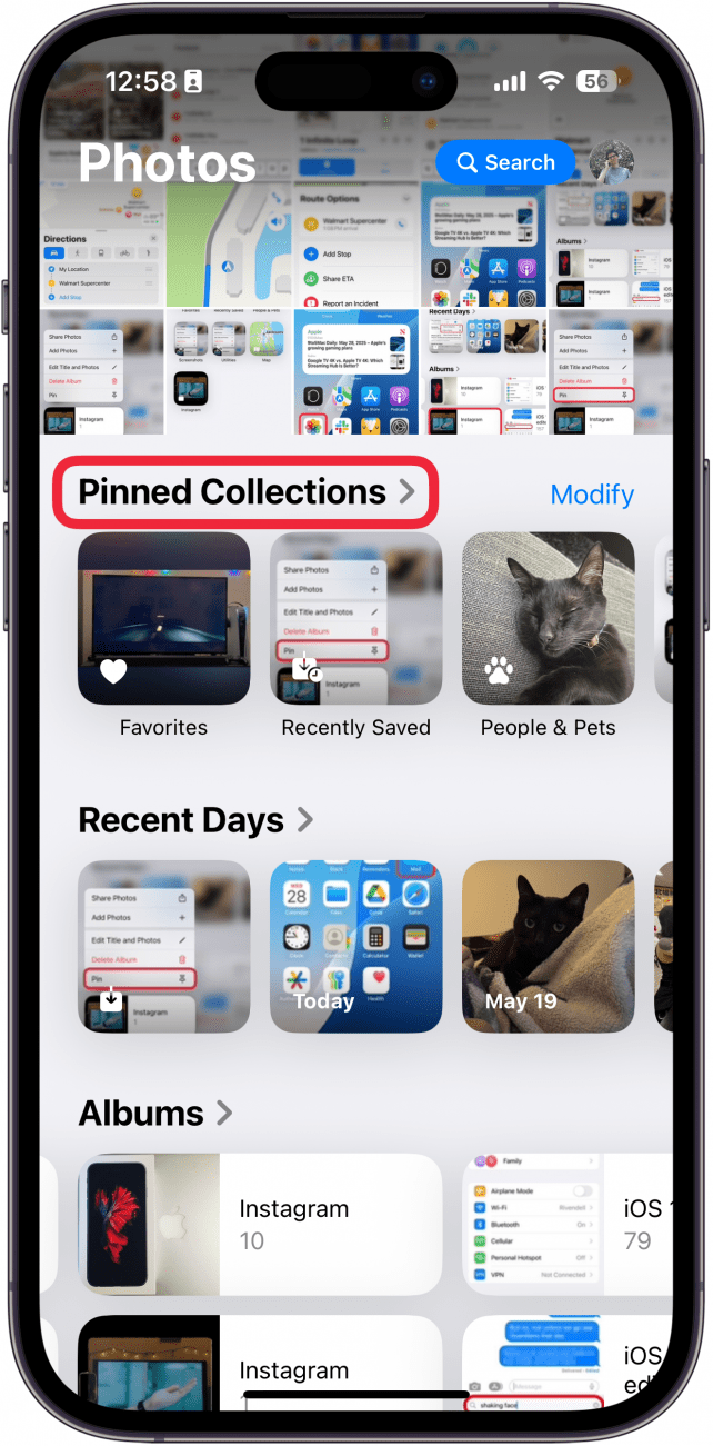 screenshot of iphone photos app with a red box around pinned collections