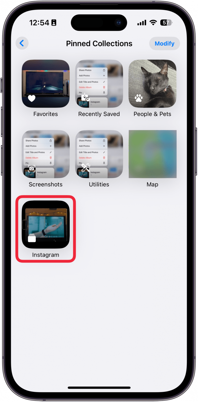 screenshot of iphone photos app pinned collections with a red box around an album titled Instagram