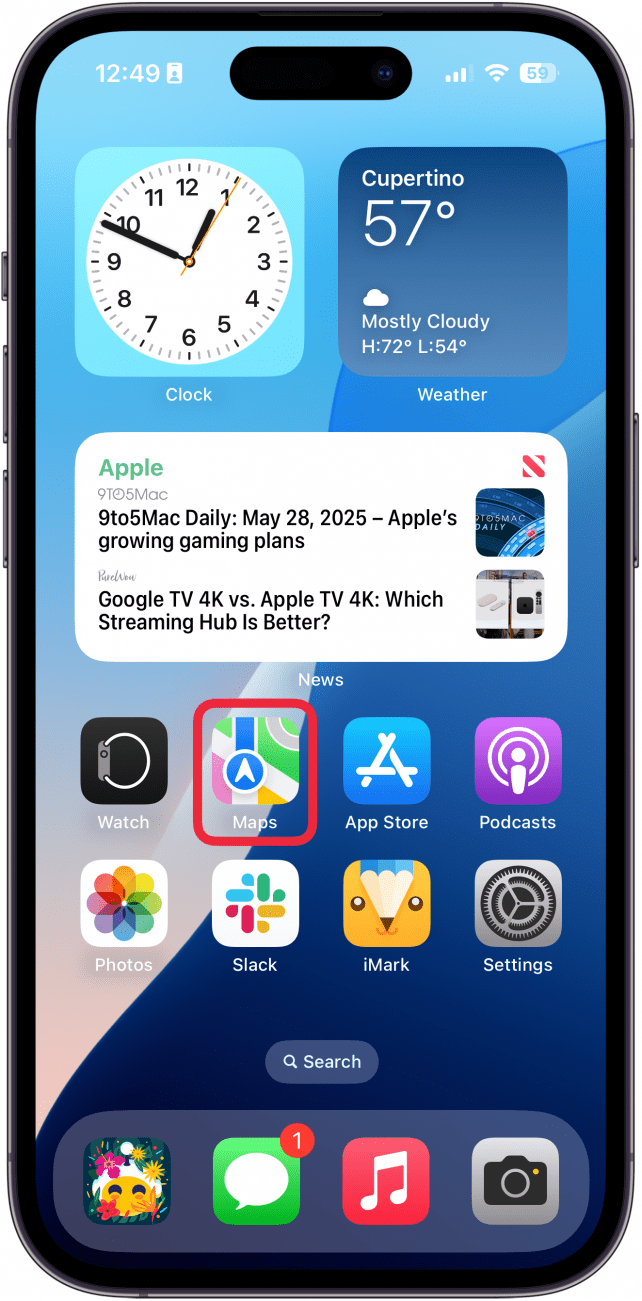 a screenshot of an iphone home screen with a red box around the apple maps app