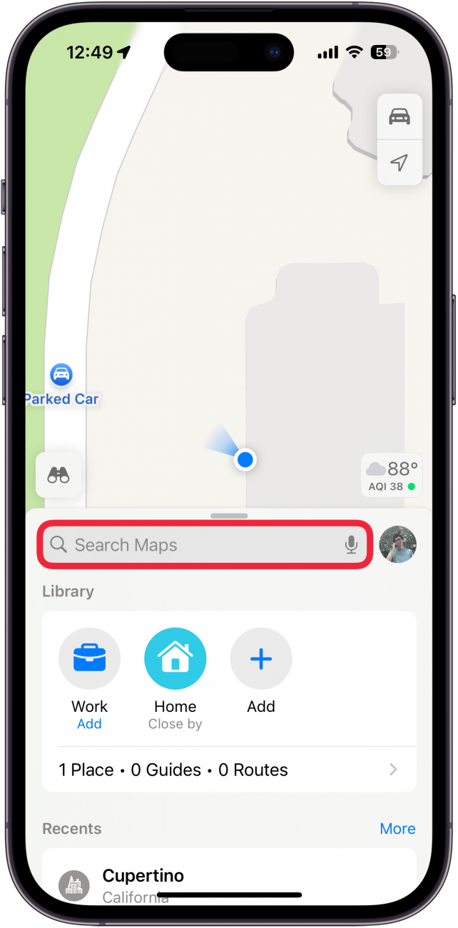 a screenshot of apple maps on iphone with a red box around the search bar