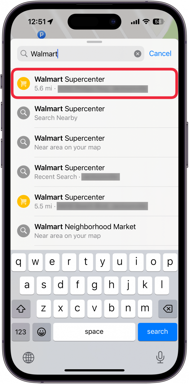 a screenshot of apple maps on iphone displaying a list of locations with a red box around a specific location