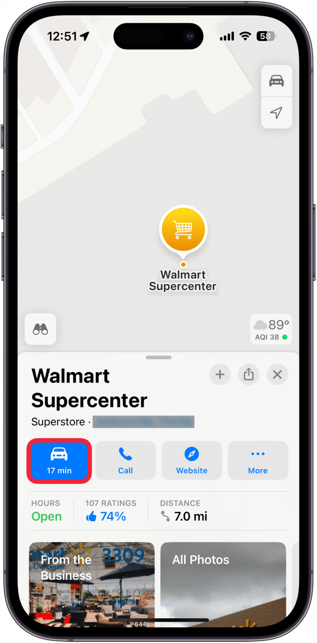 a screenshot of apple maps on iphone displaying location details with a red box around directions button
