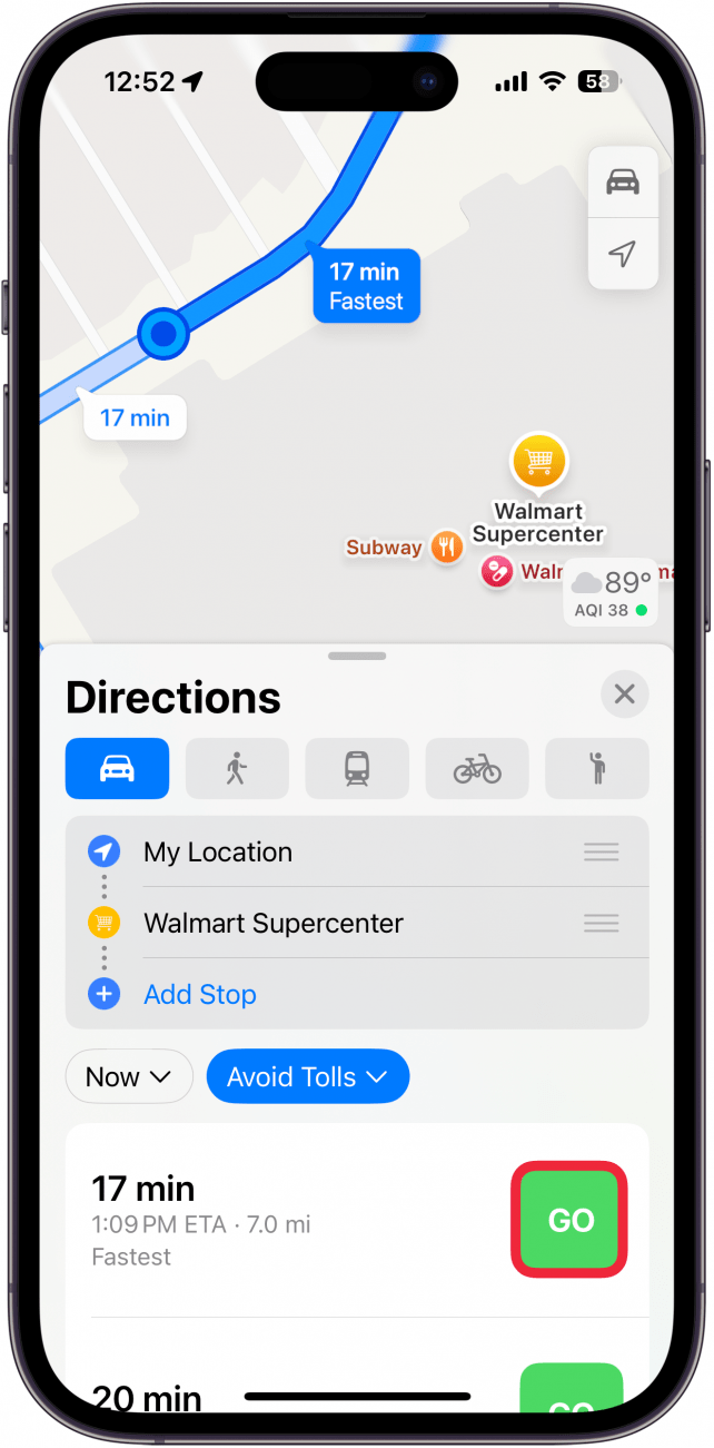 a screenshot of apple maps on iphone displaying route details and a red box around the go button
