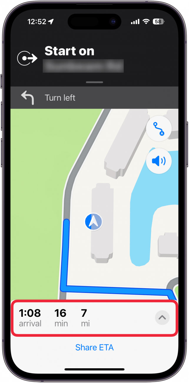 a screenshot of apple maps navigation screen with a red box around the bottom navigation bar