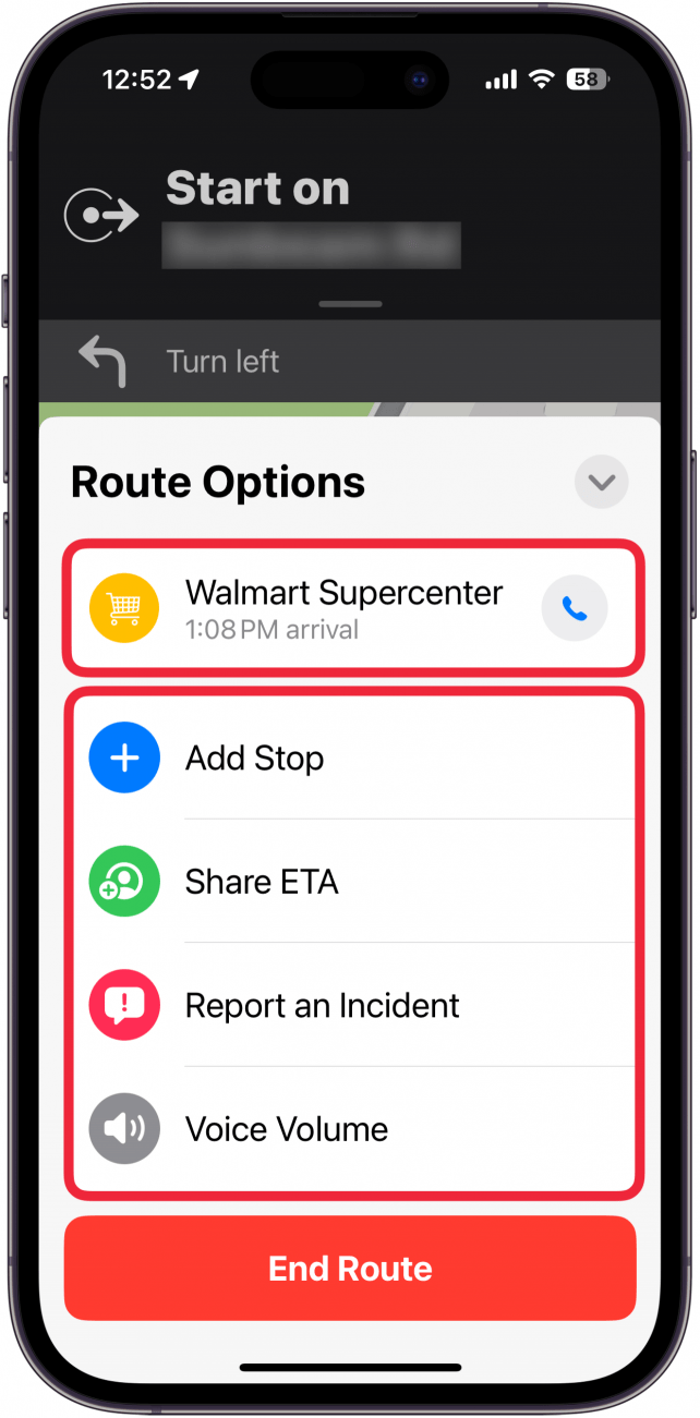 a screenshot of apple maps navigation screen displaying route options with a red box around phone icon, add stop, share eta, report incident, and voice volume buttons