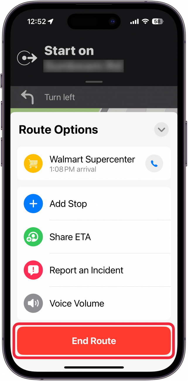 a screenshot of apple maps navigation screen displaying route options with a red box around end route button
