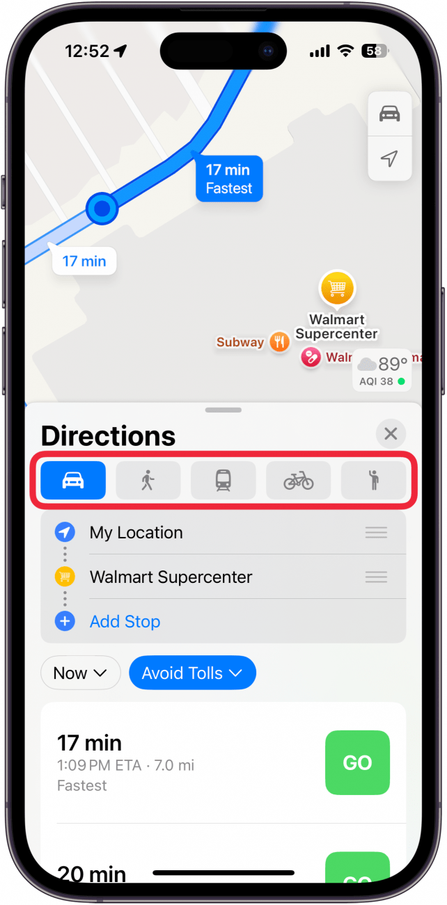 a screenshot of apple maps on iphone displaying route details and a red box around the different transportation methods