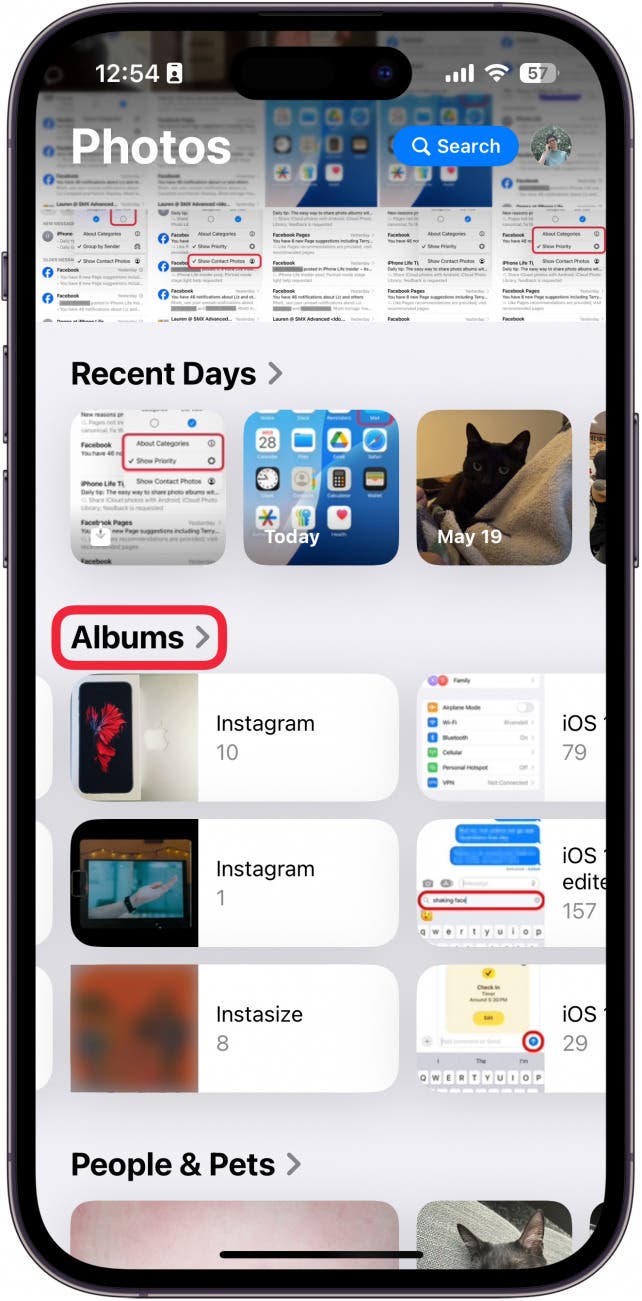 screenshot of iphone photos app with a red box around albums