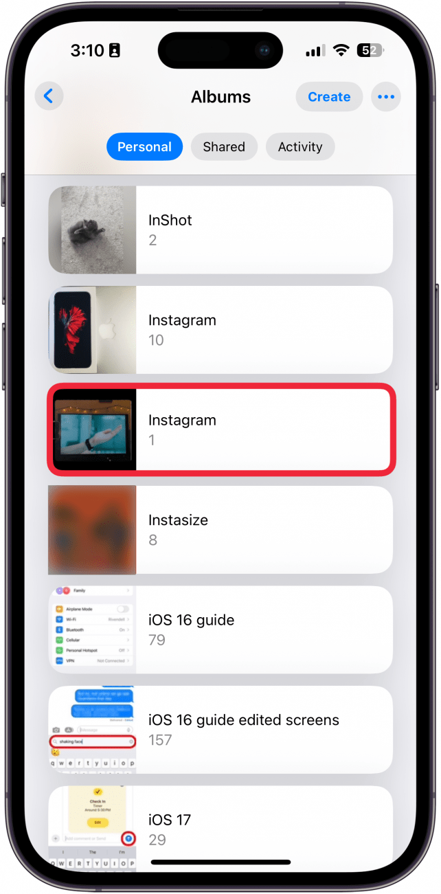 screenshot of iphone photos app with a list of photo albums and a red box around an album titled, "Instagram"