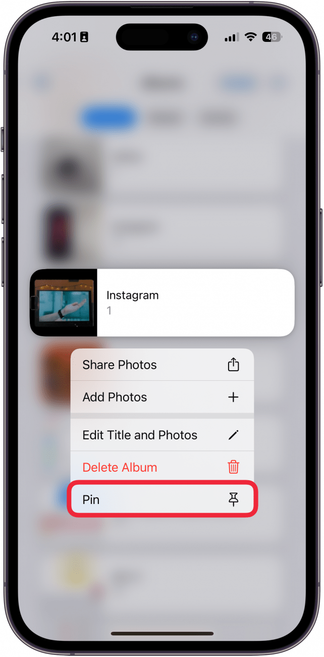 screenshot of iphone photos app with the album titled Instagram popped out and the background blurred, displaying a menu with a red box around the pin option