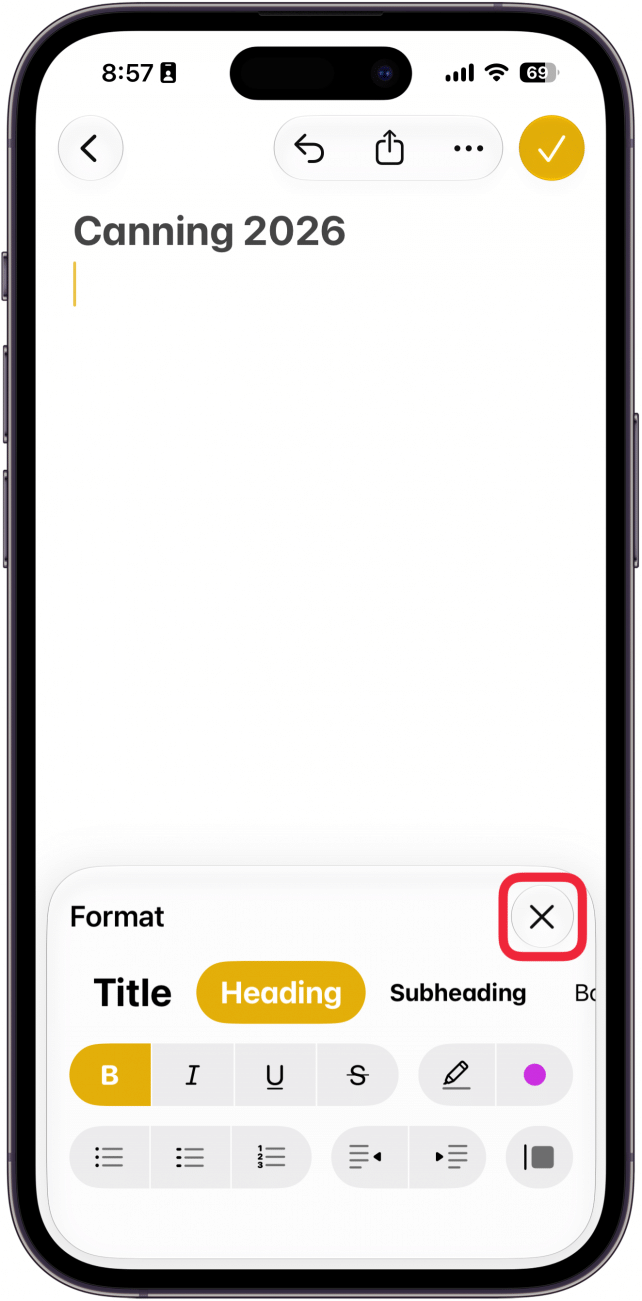 a screenshot of the iphone notes app displaying the format menu with a red box around the x icon