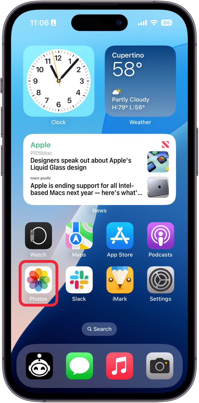 screenshot of an iphone home screen with a red box around the photos app