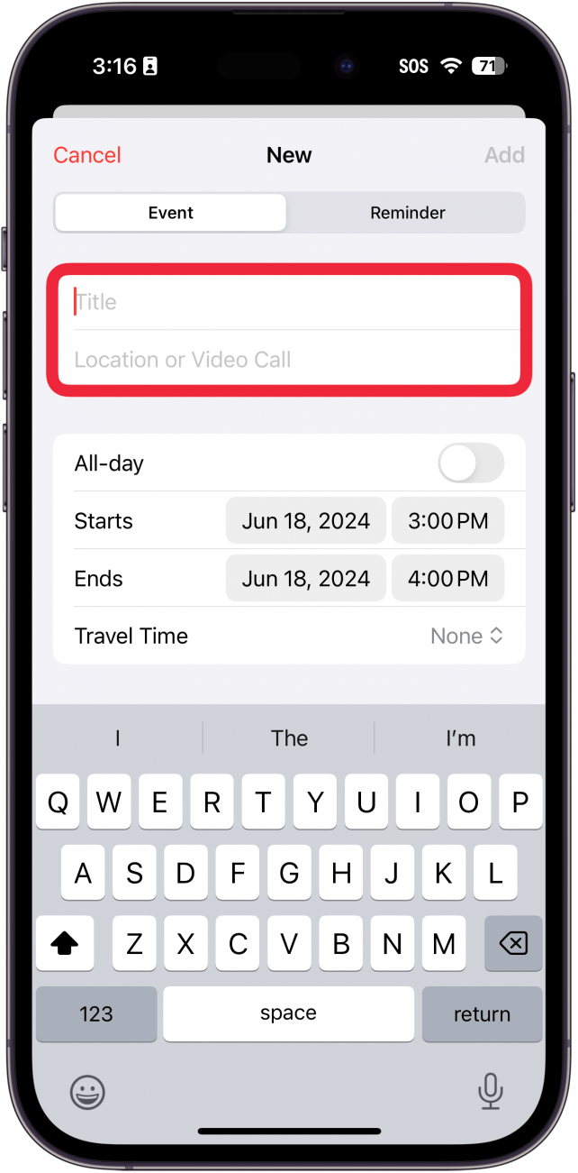 Приложение «Календарь iPhone» — новый экран создания событий с красной рамкой вокруг полей заголовка и местоположения