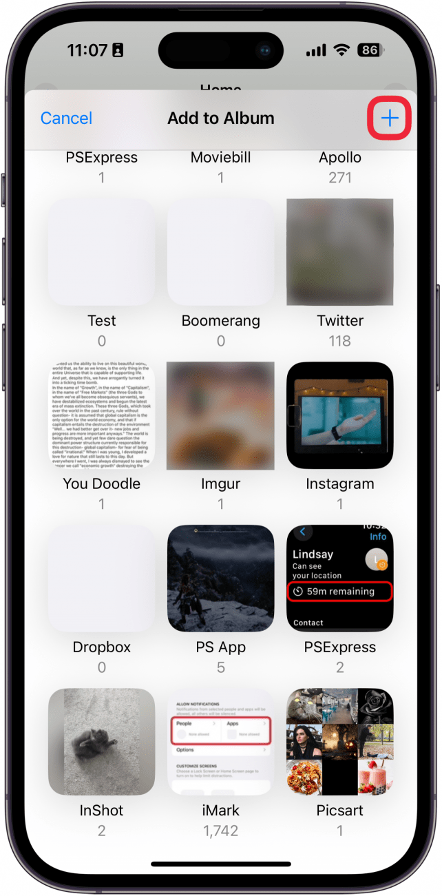 a screenshot of the iphone photos app displaying a list of albums with a red box around the plus icon