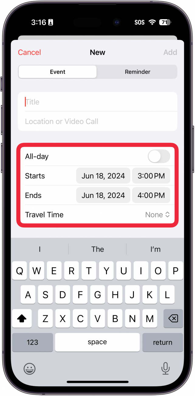 Приложение «Календарь iPhone» — новый экран создания событий с красной рамкой вокруг параметров даты и времени