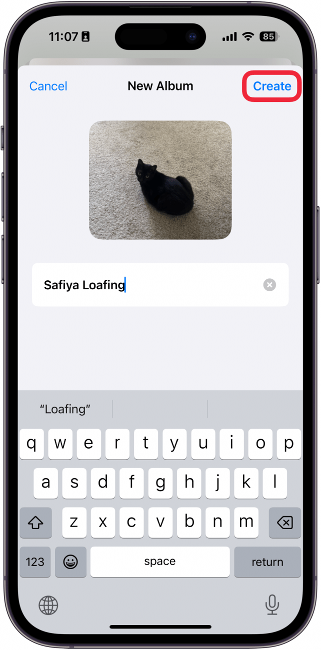 a screenshot of the iphone photos app displaying the create an album screen with a red box around the create button