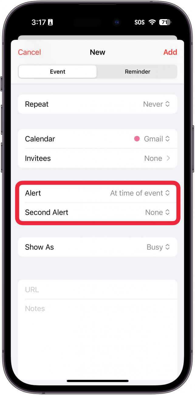 Приложение календаря для iPhone, новый экран создания событий с красной рамкой вокруг опций оповещений
