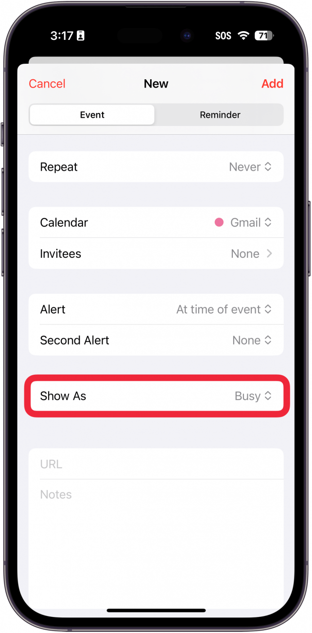 Приложение «Календарь iPhone» — экран создания нового события с красной рамкой вокруг кнопки «Показать как»