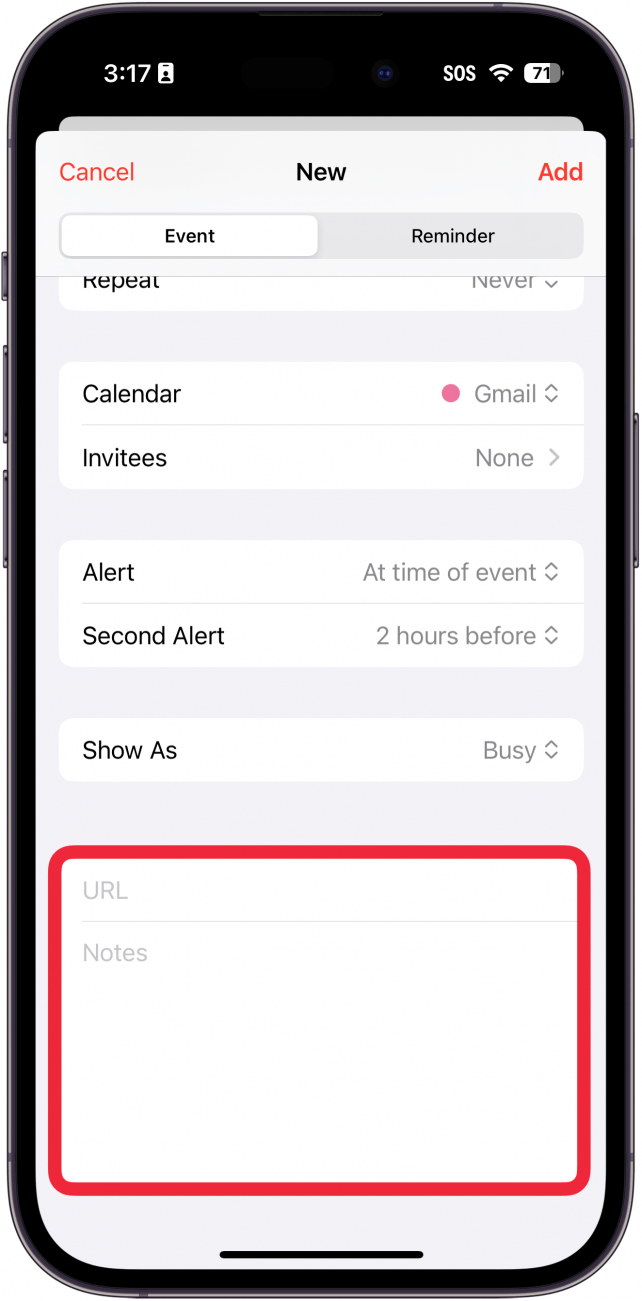 Приложение календаря для iPhone, новый экран создания событий с красной рамкой вокруг URL-адреса и поля примечаний