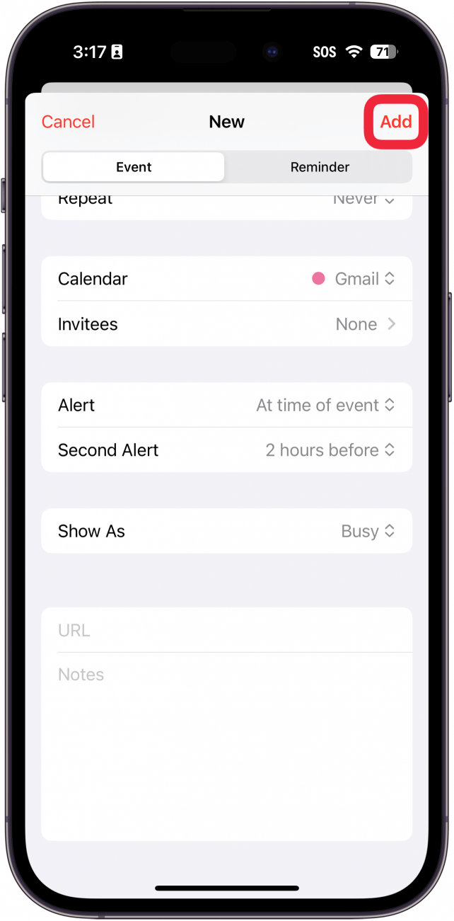 Приложение «Календарь iPhone» — экран создания нового события с красной рамкой вокруг кнопки «Добавить»