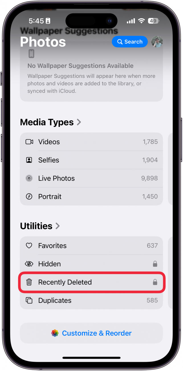 screenshot of the iphone photos app with a red box around recently deleted