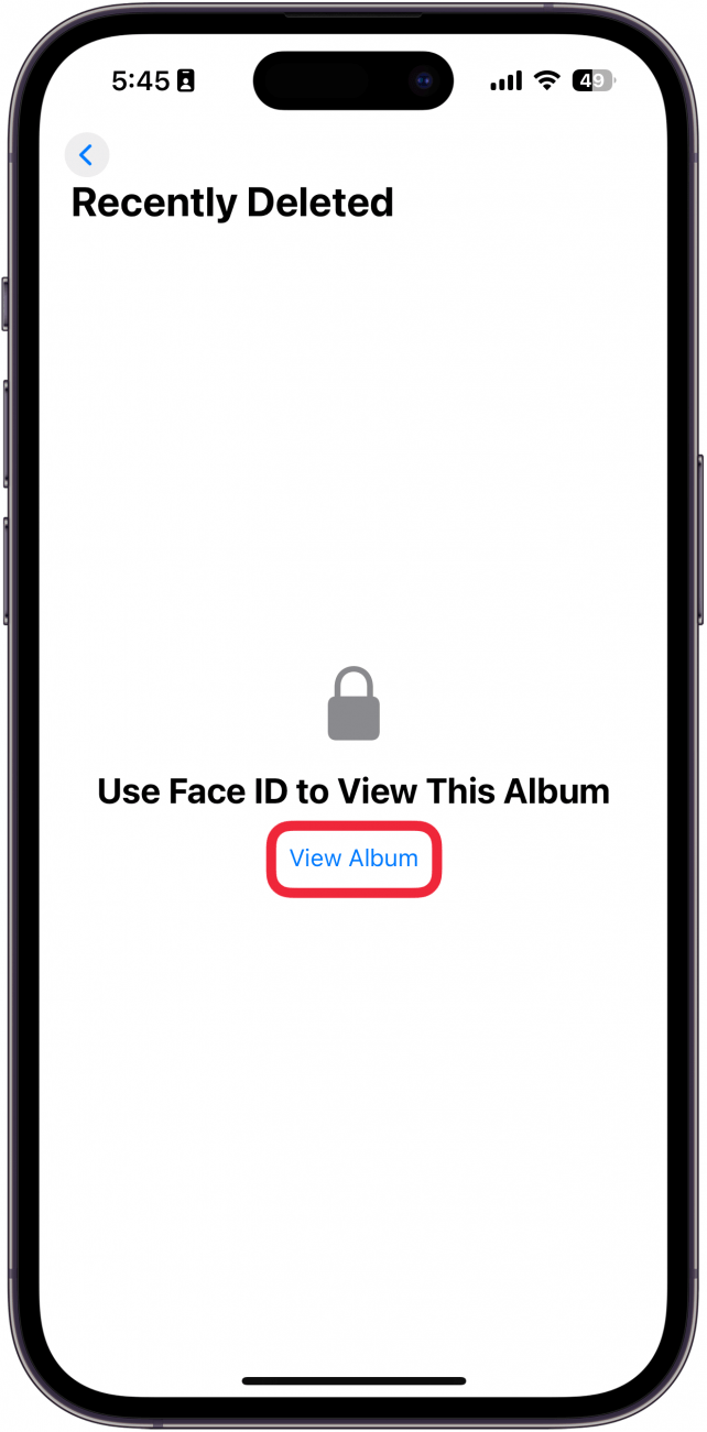 screenshot of the iphone photos app recently deleted folder with a red box around view album