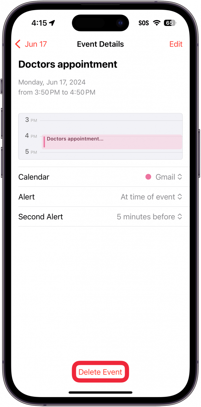 Подробности о событиях календаря iPhone с красной рамкой вокруг кнопки удаления события