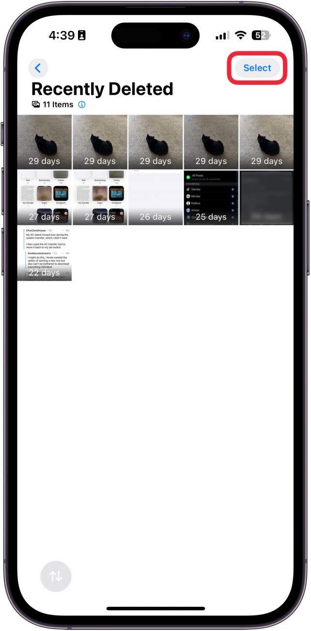 screenshot of the iphone photos app recently deleted folder with a red box around the select button