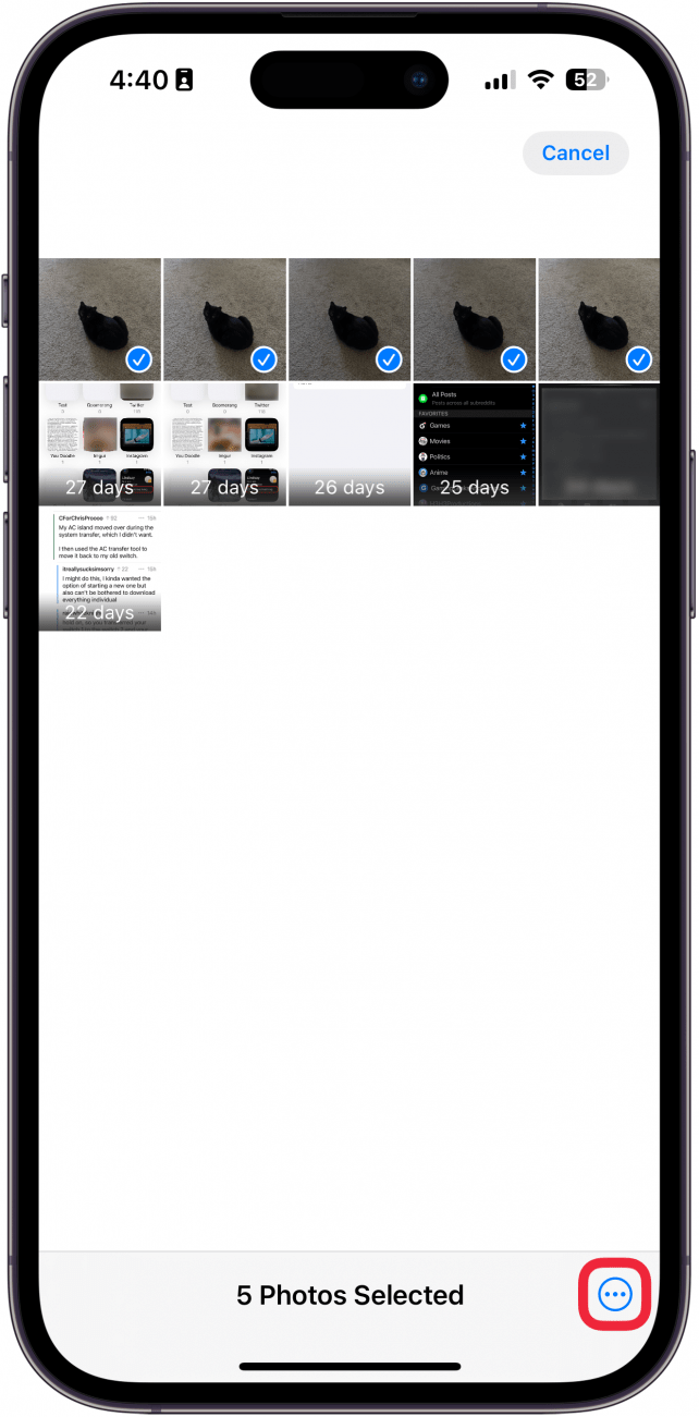screenshot of the iphone photos app recently deleted folder with multiple photos selected and a red box three dot menu button