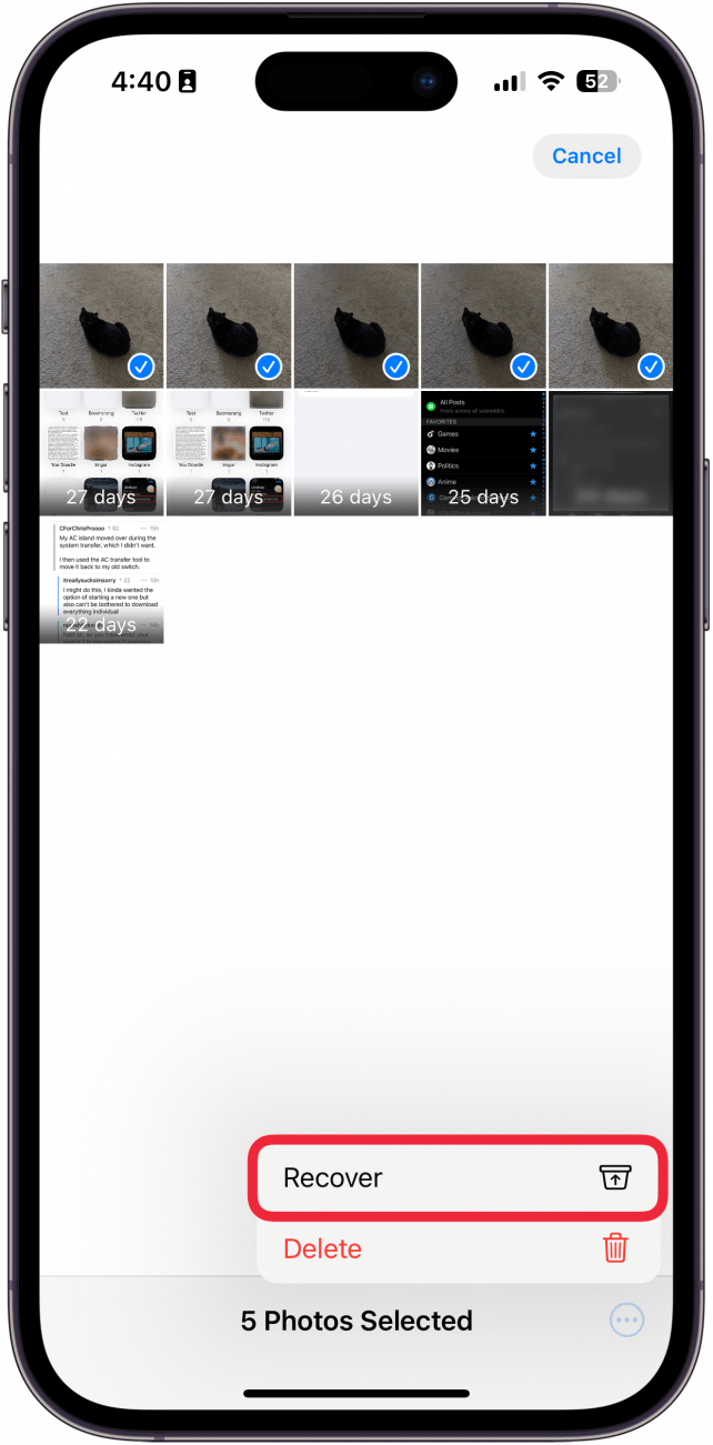 screenshot of the iphone photos app recently deleted folder with a red box around recover button
