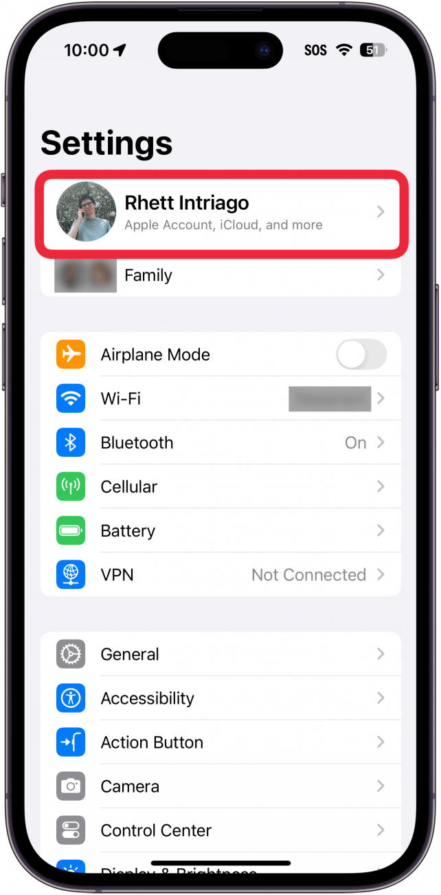 iphone settings with a red box around apple id