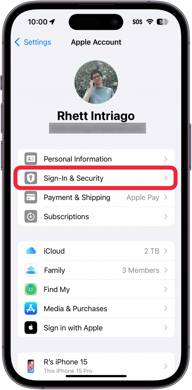 iphone apple id settings with a red box around sign in & security