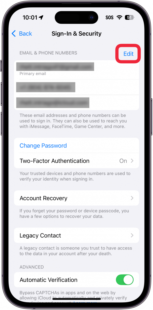 iphone apple id sign in & security settings with a red box around edit button