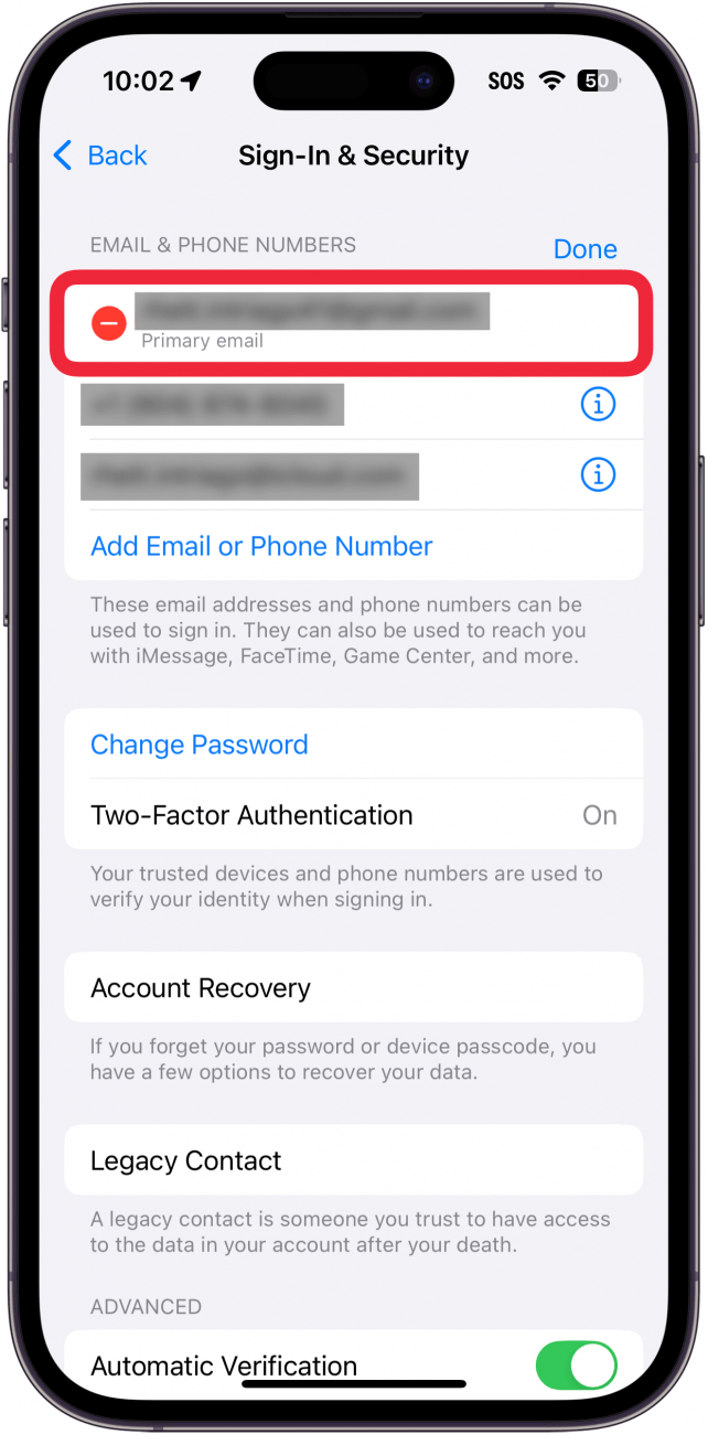iphone apple id sign in & security settings with a red box around red minus icon next to primary email address