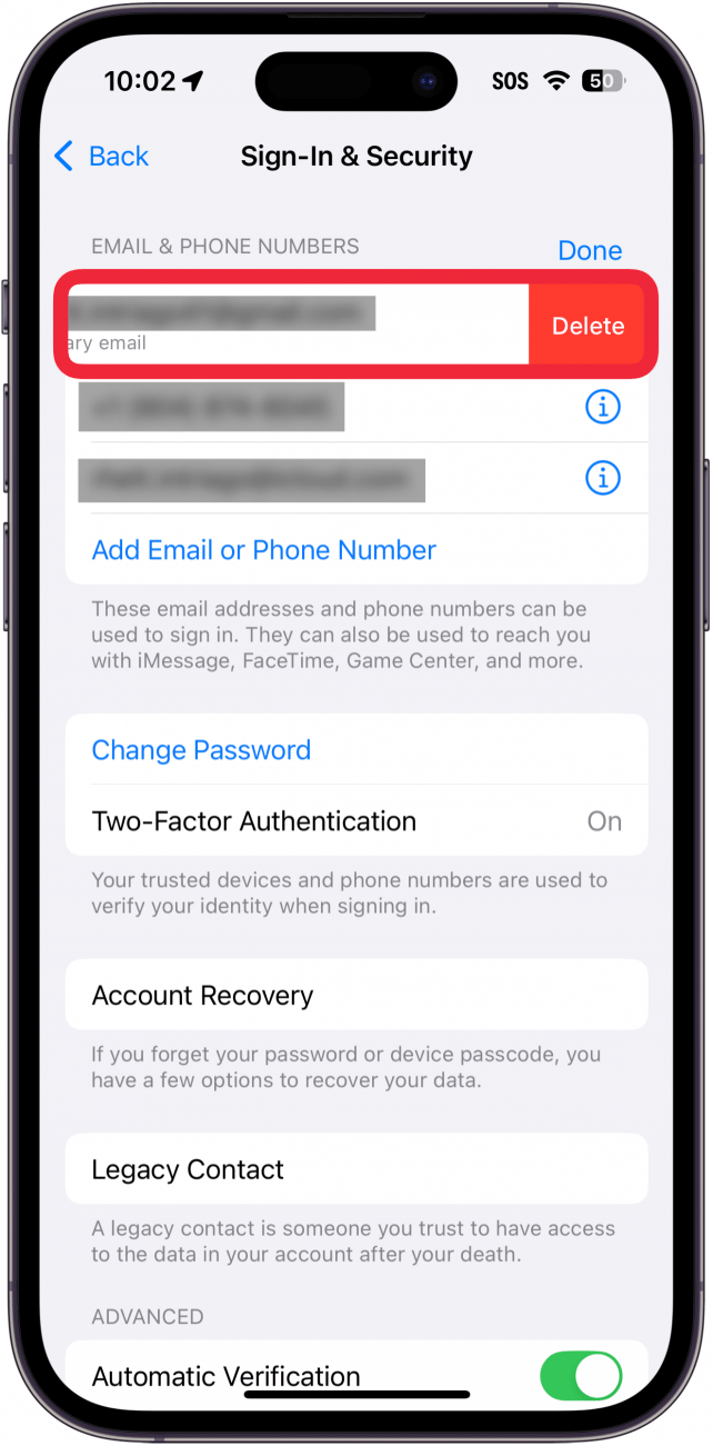 iphone apple id sign in & security settings with a red box around delete button next to primary email