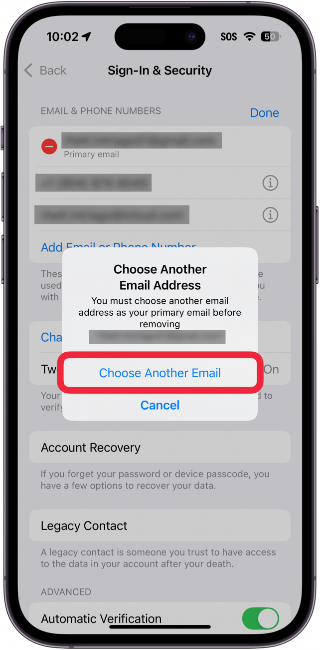 iphone apple id sign in & security settings displaying a window prompting the user to enter a new email address for this apple id with a red box around choose another email option