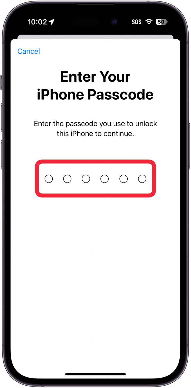 iphone change apple id email screen prompting the user to enter their iphone passcode with a red box around passcode entry field