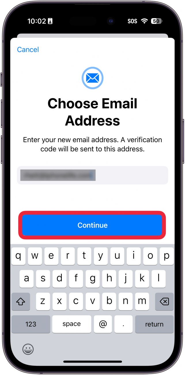 iphone change apple id email screen with a red box around continue button