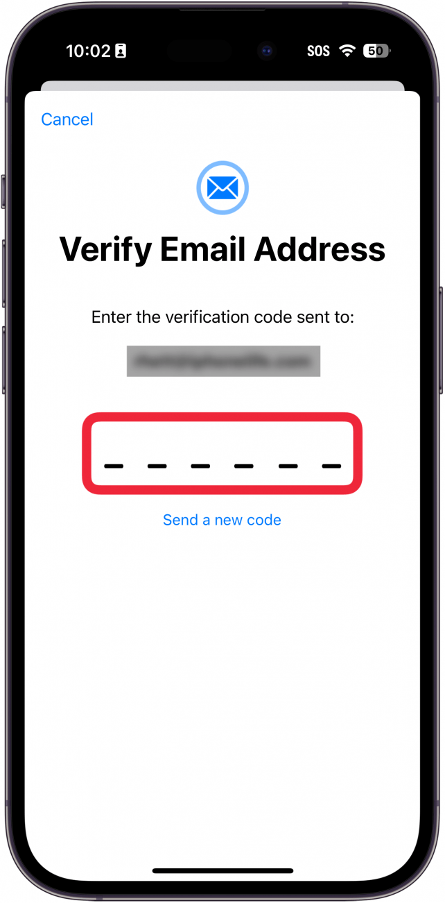 iphone change apple id email screen prompting the user to enter a verification code, with a red box around code entry field