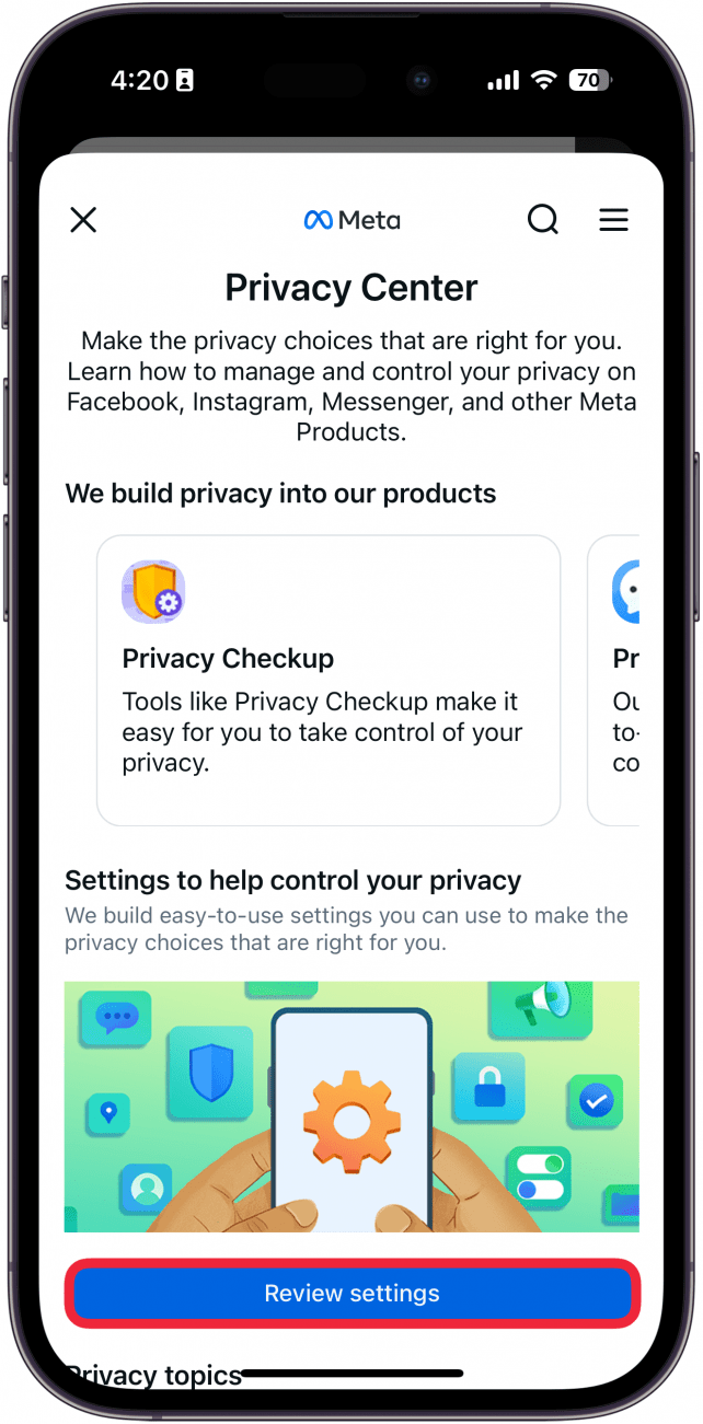 screenshot of iphone facebook app privacy settings with a red box around the review settings button