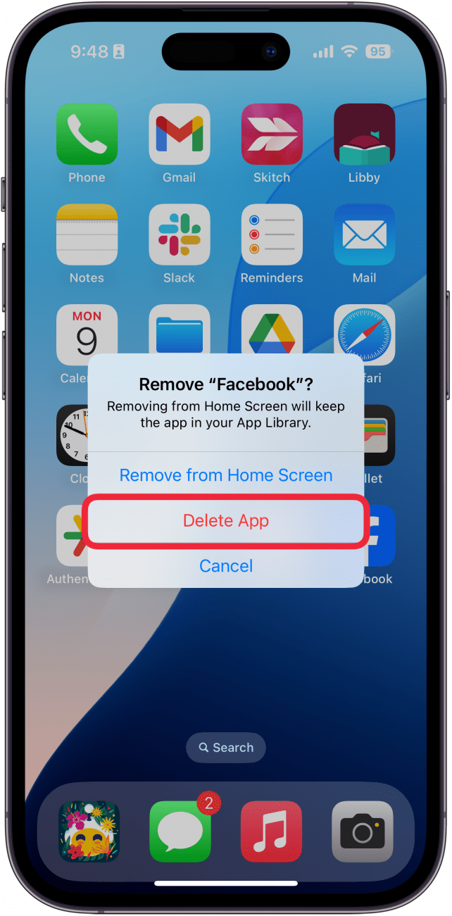 screenshot of iphone home screen displaying a pop up asking the user if they want to delete facebook app with a red box around the delete app button